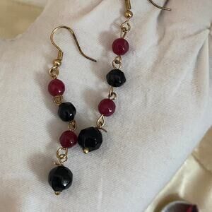 Vintage Red /Pink Jade (Jadeite ) and Black Onyx earrings